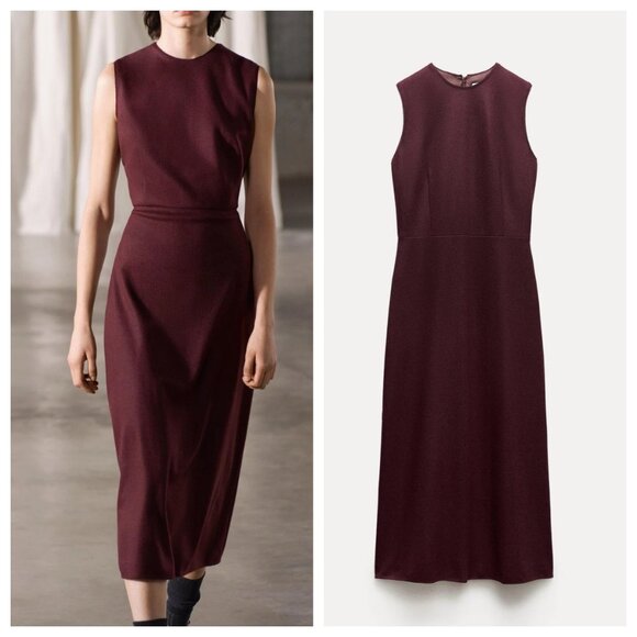 ZARA ZW COLLECTION Wool Blend Sheath Midi Pencil Dress Burgundy - Picture 2 of 3